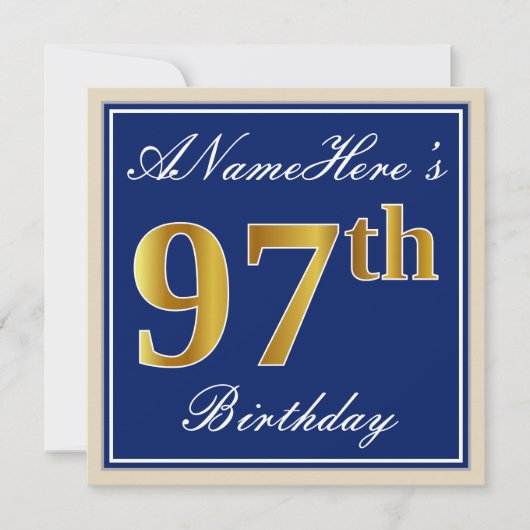 Elegant, blauw, Faux Gold 97th Birthday + naam Kaart (Voorkant)