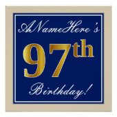 Elegant, blauw, Faux Gold 97th Birthday + naam Perfect Poster (Voorkant)
