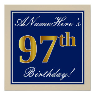 Elegant, blauw, Faux Gold 97th Birthday + naam Perfect Poster