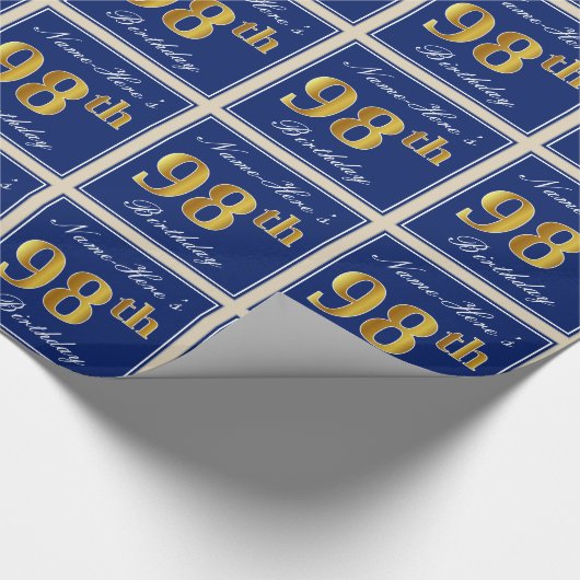 Elegant, blauw, Faux Gold 98th Birthday + naam Cadeaupapier (Hoek)