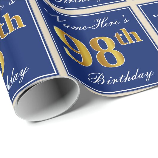 Elegant, blauw, Faux Gold 98th Birthday + naam Cadeaupapier (Rol Hoek)