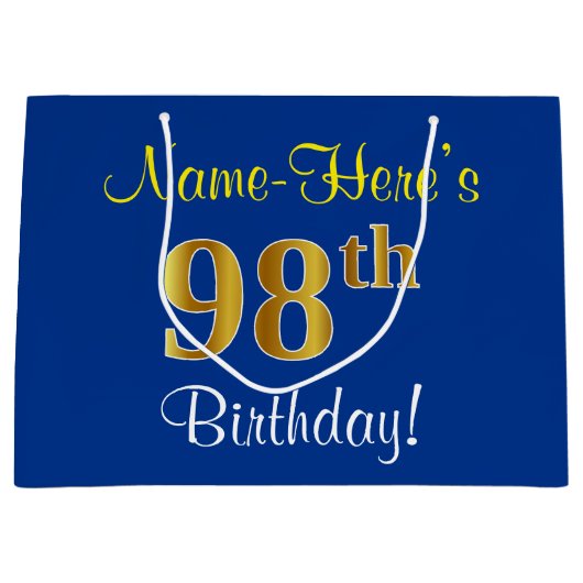 Elegant, blauw, Faux Gold 98th Birthday + naam Groot Cadeauzakje (Voorkant)