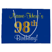 Elegant, blauw, Faux Gold 98th Birthday + naam Groot Cadeauzakje (Achterkant)