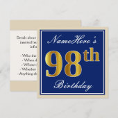 Elegant, blauw, Faux Gold 98th Birthday + naam Kaart (Voorkant / Achterkant)