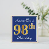 Elegant, blauw, Faux Gold 98th Birthday + naam Kaart (Staand voorkant)