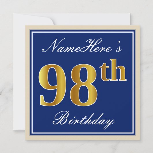 Elegant, blauw, Faux Gold 98th Birthday + naam Kaart (Voorkant)