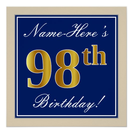 Elegant, blauw, Faux Gold 98th Birthday + naam Perfect Poster (Voorkant)