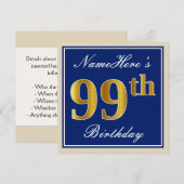 Elegant, blauw, Faux Gold 99th Birthday + naam Kaart (Voorkant / Achterkant)