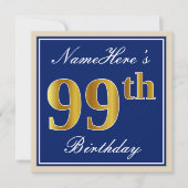 Elegant, blauw, Faux Gold 99th Birthday + naam Kaart (Voorkant)