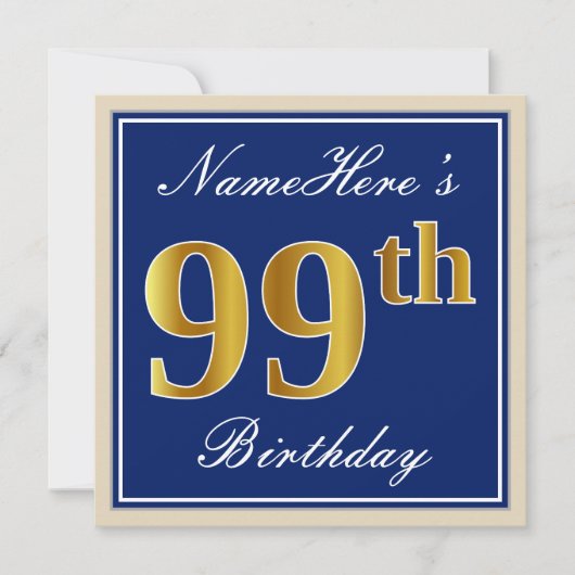 Elegant, blauw, Faux Gold 99th Birthday + naam Kaart (Voorkant)