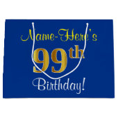 Elegant, blauw, Faux Gold 99th Birthday + naam Large Cadeautasje (Voorkant)