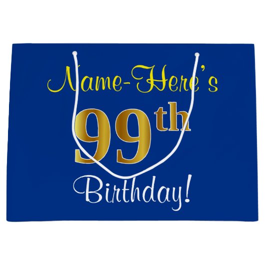 Elegant, blauw, Faux Gold 99th Birthday + naam Large Cadeautasje (Voorkant)