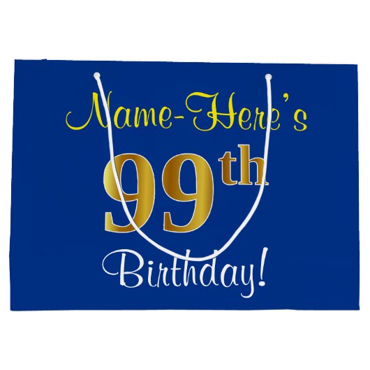 Elegant, blauw, Faux Gold 99th Birthday + naam Large Cadeautasje (Achterkant)