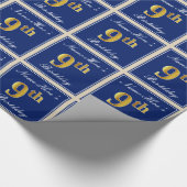 Elegant, blauw, Faux Gold 9th Birthday; aangepaste Cadeaupapier (Hoek)