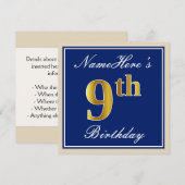 Elegant, blauw, Faux Gold 9th Birthday; aangepaste Kaart (Voorkant / Achterkant)