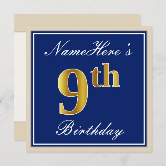 Elegant, blauw, Faux Gold 9th Birthday; aangepaste Kaart (Voorkant / Achterkant)