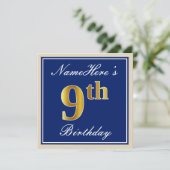 Elegant, blauw, Faux Gold 9th Birthday; aangepaste Kaart (Staand voorkant)