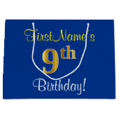 Elegant, blauw, Faux Gold 9th Birthday; aangepaste Large Cadeautasje (Voorkant)