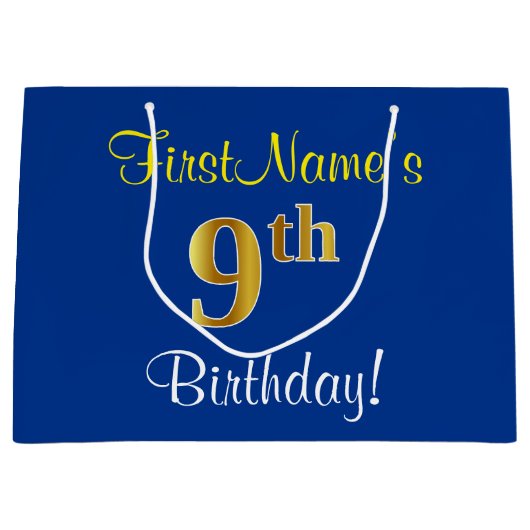 Elegant, blauw, Faux Gold 9th Birthday; aangepaste Large Cadeautasje (Voorkant)