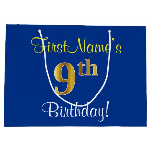 Elegant, blauw, Faux Gold 9th Birthday; aangepaste Large Cadeautasje (Achterkant)