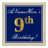 Elegant, blauw, Faux Gold 9th Birthday; aangepaste Poster (Voorkant)