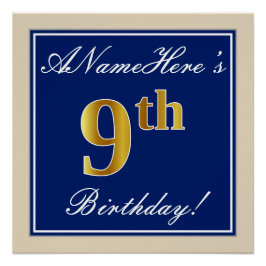 Elegant, blauw, Faux Gold 9th Birthday; aangepaste Poster