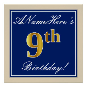Elegant, blauw, Faux Gold 9th Birthday; aangepaste Poster
