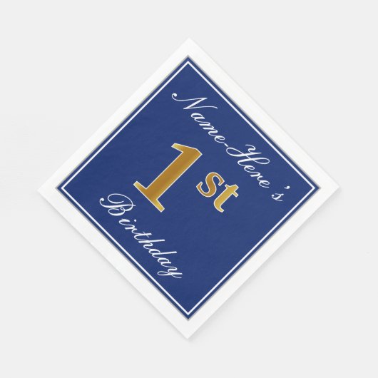 Elegant blauw, faux goud 1e verjaardag + aangepast servet (Hoek)