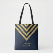 Elegant Blauw Faux Goud Naam Chevron Patroon Tote Bag (Voorkant)