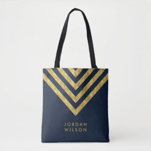 Elegant Blauw Faux Goud Naam Chevron Patroon Tote Bag