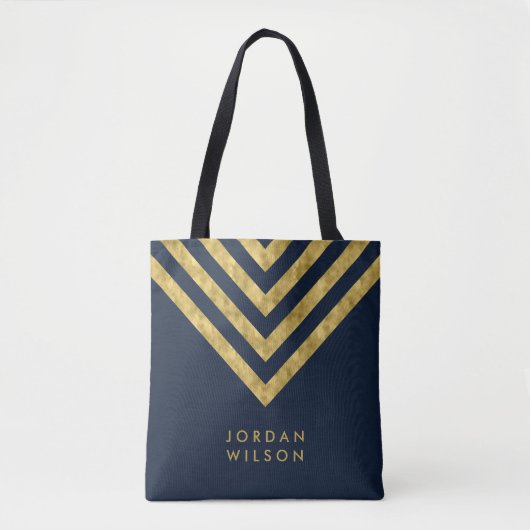 Elegant Blauw Faux Goud Naam Chevron Patroon Tote Bag (Voorkant)