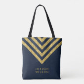 Elegant Blauw Faux Goud Naam Chevron Patroon Tote Bag (Achterkant)