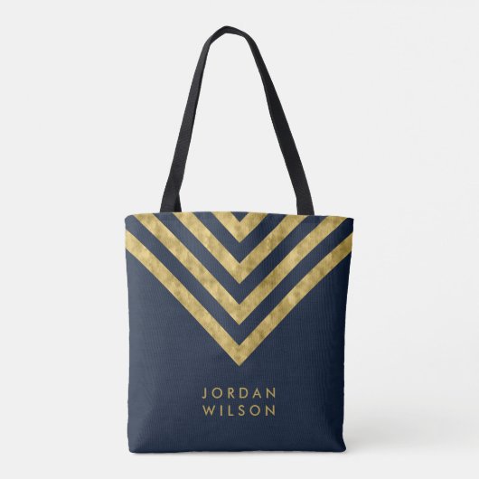 Elegant Blauw Faux Goud Naam Chevron Patroon Tote Bag (Achterkant)