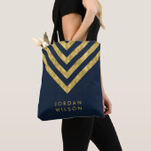 Elegant Blauw Faux Goud Naam Chevron Patroon Tote Bag (Dichtbij)