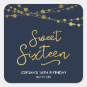 Elegant Blauw Faux Goud Strings of Lights Sweet 16 Vierkante Sticker (Voorkant)