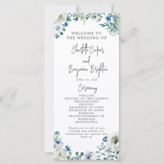 Elegant Blauw Floral Spring Garden bruiloft progra (Voorkant)