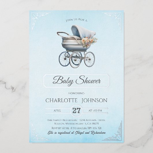 Elegant Blauw  Folie Baby shower Uitnodiging (Voorkant)