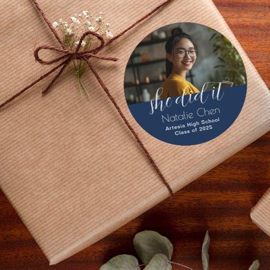 Elegant blauw foto Afstuderen Ronde Sticker