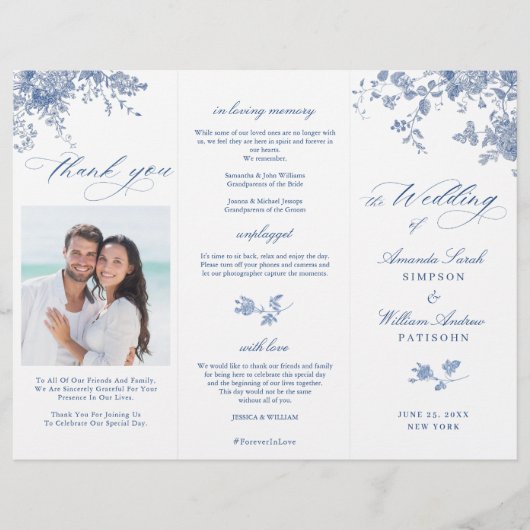 Elegant blauw Frankrijk Rozen tuin bruiloft progra (Voorkant)