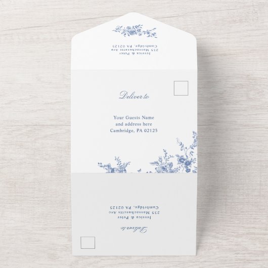 Elegant Blauw Frankrijk Tuin Bloemen Bruiloft All In One Uitnodiging (Buitenkant)