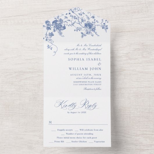 Elegant Blauw Frankrijk Tuin Bloemen Bruiloft All In One Uitnodiging (Binnen)