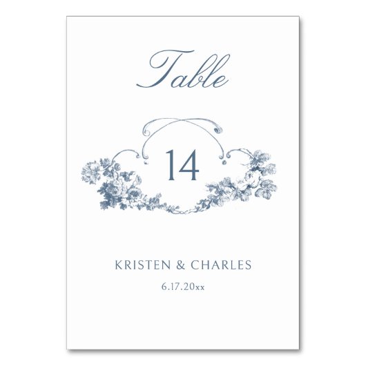 Elegant Blauw Frans Bloemkam Tafelnummer (Voorkant)