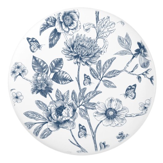 Elegant blauw Frans bloemmotief Keramische Knop (Voorkant)