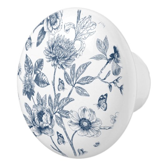 Elegant blauw Frans bloemmotief Keramische Knop (Rechts)