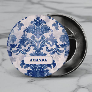 Elegant Blauw Frans Damast Toile de Jouy Monogram Ronde Button 5,7 Cm