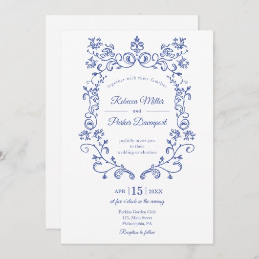 Elegant Blauw Frans Huwelijksuitnodiging Kaart (Voorkant / Achterkant)