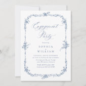 Elegant Blauw Frans Rozen Toile ENGAGEMENT PARTY Kaart (Voorkant)