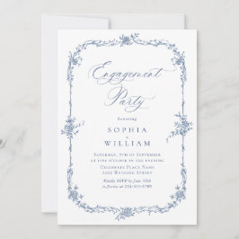 Elegant Blauw Frans Rozen Toile ENGAGEMENT PARTY Kaart
