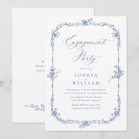 Elegant Blauw Frans Rozen Toile ENGAGEMENT PARTY Kaart (Voorkant / Achterkant)