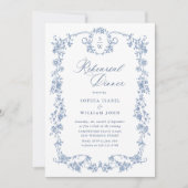 Elegant Blauw Frans Rozen Toile Repetitie Diner Kaart (Voorkant)